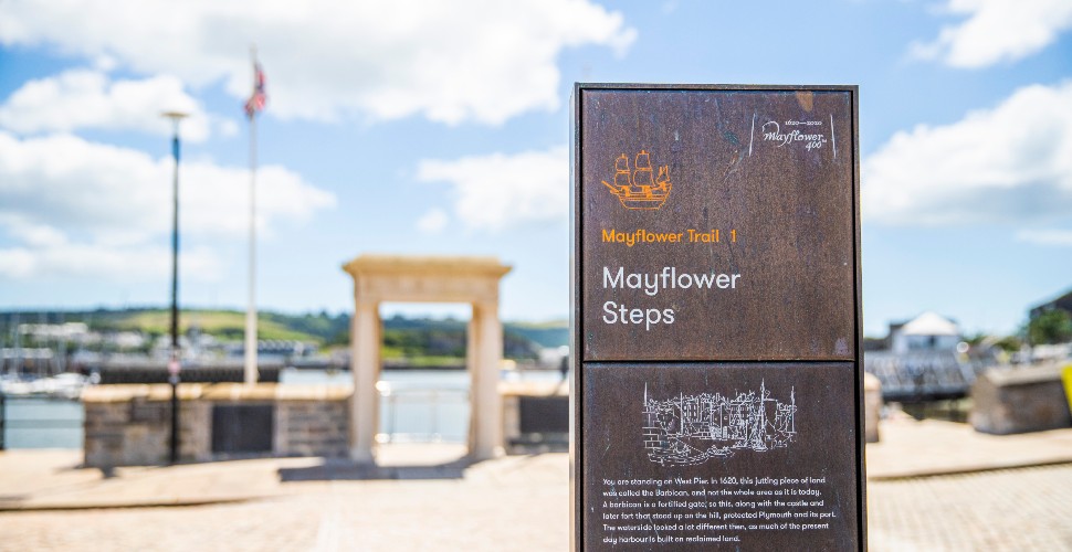 Bronze Mayflower Trail monolith at the Mayflower Steps